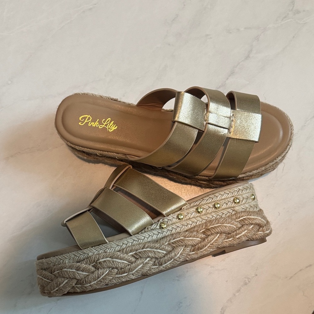 Pink Lily Metallic Gold Espadrille Sandals